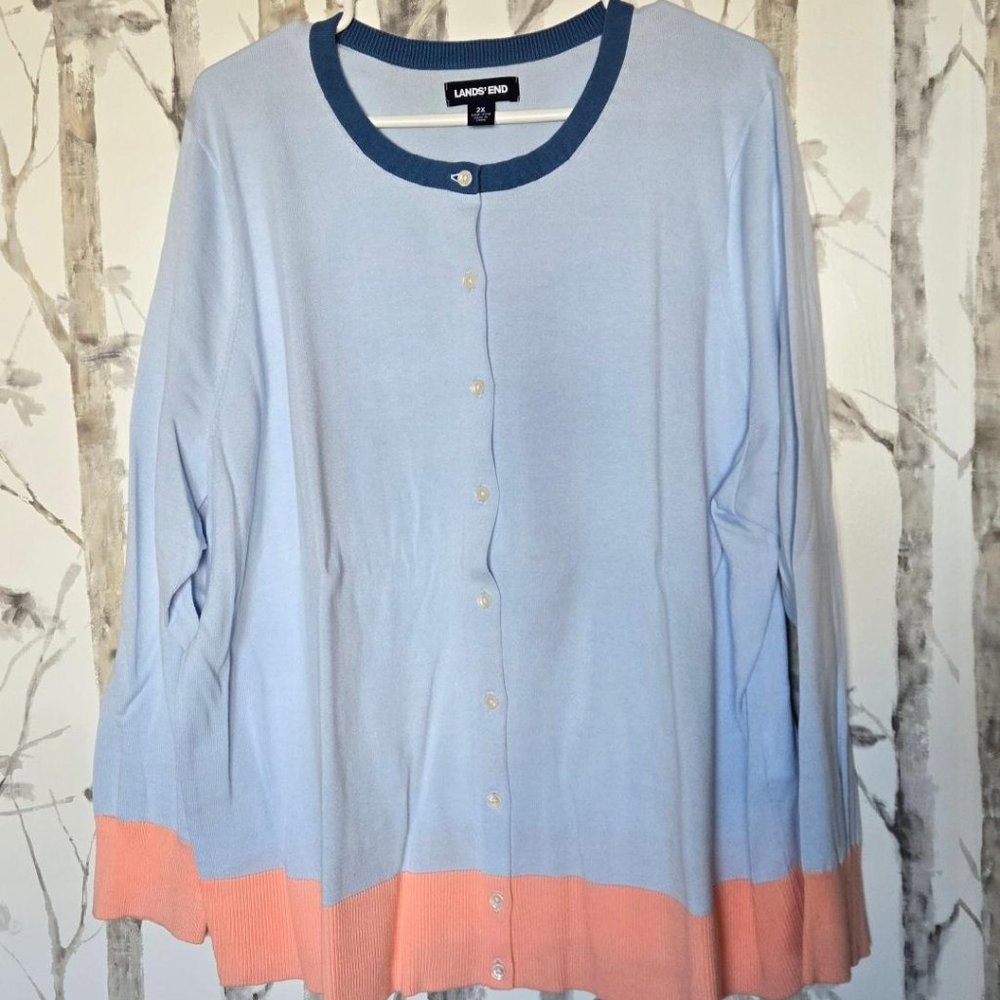Land's End Fine Gauge Cotton Cardigan Light Blue W/Peach Details 2X